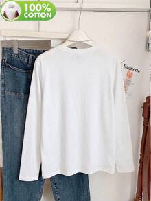 T-shirt à manches longues col ras-du-cou pour femmes, imprimé cœur en art linéaire "Foi", Top décontracté coupe ample - Blanc - Voir 5