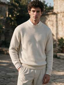 Men's Thick Ribbed Knit Crew Neck Sweater, Loose Fit Comfortable Long Sleeve Suitable For Autumn/Winter Wear - Camel - View 1