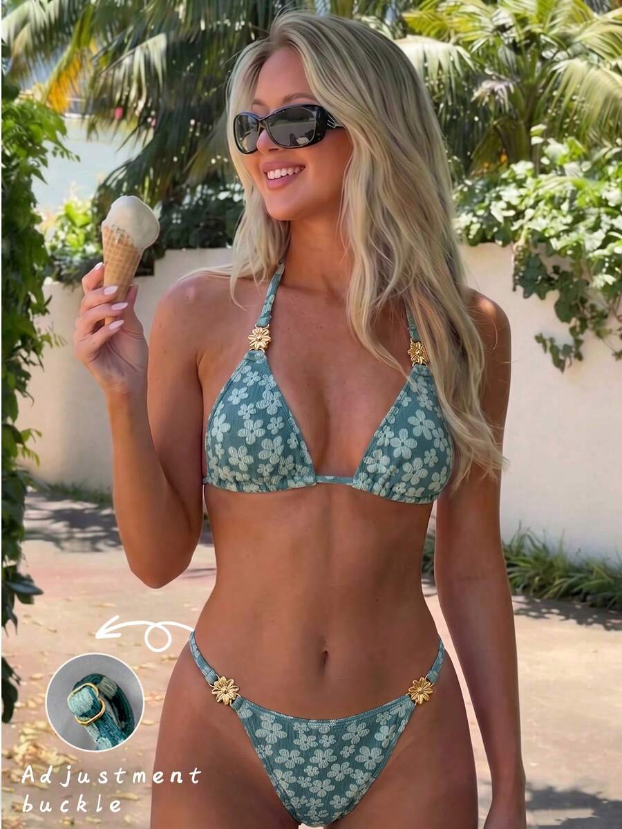 Bikinx Women's Floral Pattern Cute Halter Tie Bikini Set, Adjustable Waist, Suitable For Summer Vacation Wear