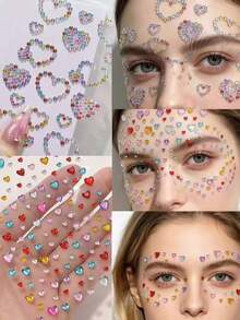 Approx. 700pcs Rainbow 3D Glitter Gem Stickers, 5 Sheets Shiny Heart & Star Shaped Self-Adhesive Rhinestone Diamond Design Stickers, Suitable For Makeup And Clothing, Multi-Color Diamond Face Gems, Perfect For Valentine's Day, Holidays, Parties And Events - Multicolor - View 2