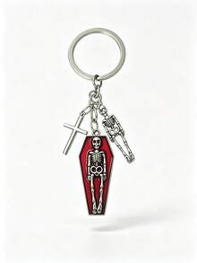 1pc New Alloy Enamel Halloween Skeleton Keychains, Gothic Coffin Cross Skull Charm, Silver Key Rings Chain, Car Bag Pendant, Halloween Party Gift - Multicolor - View 8