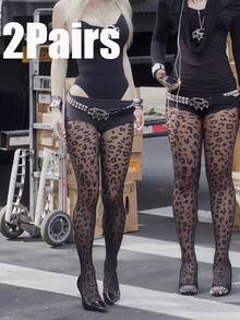 1 Pair Leopard Print Sheer Black Pantyhose, High Elasticity Nylon Material, Sexy Wild Y2K Style, Essential For Clubs And Dates - Multicolor - View 15