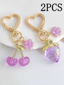 2PCS Multi-Color Strawberry & Cherry Keychains, Fashionable & Durable Bag Charms, Car Key Rings, Creative Small Gifts Suitable For Friends - Multicolor - View 7