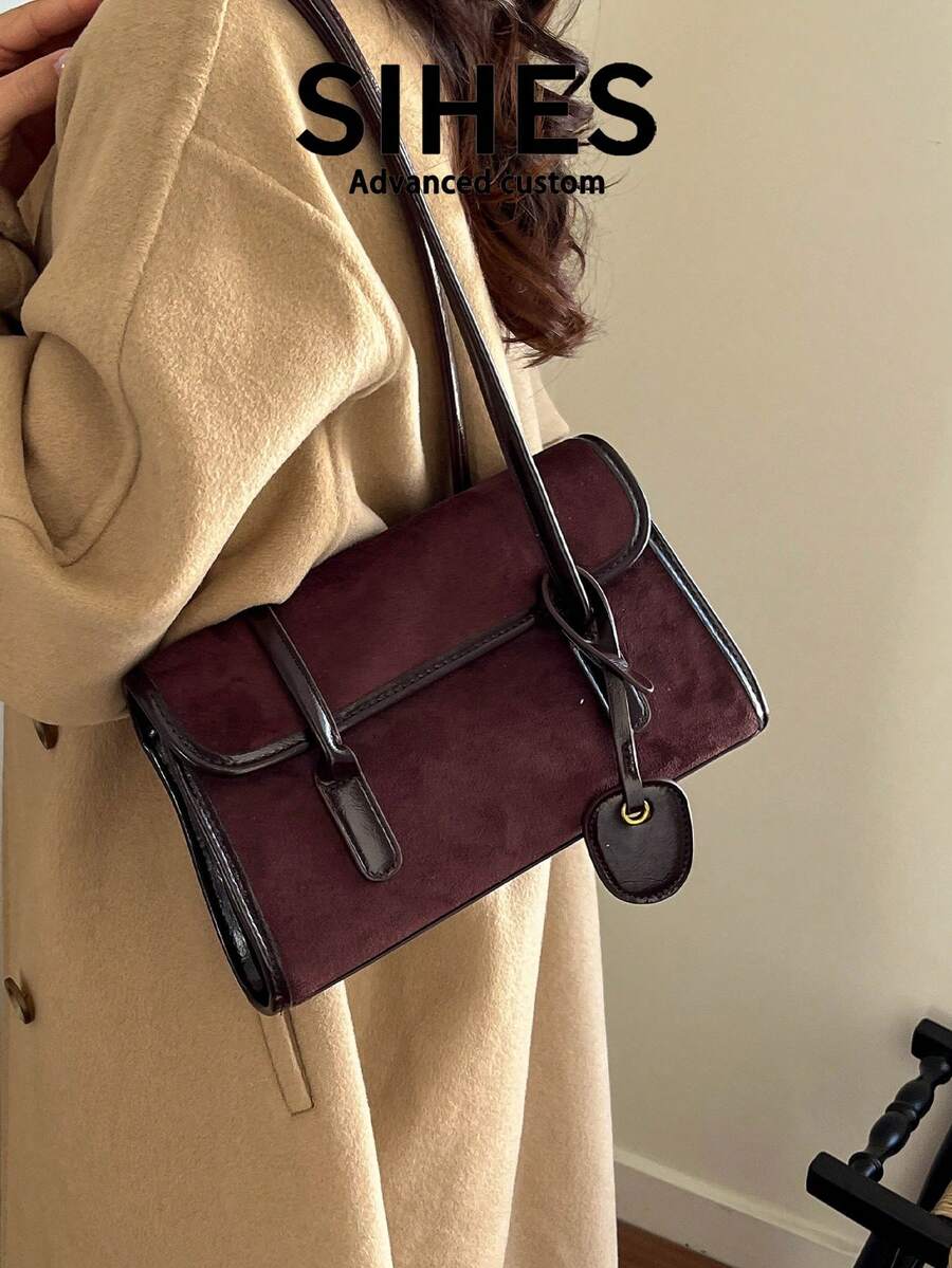 1pc Solid Color Suede New Women's Bag, Shoulder Bag, Fashion Square Handbag, Baguette Bag, Magnetic Closure, Dual Handles, Suitable For Commuting, Shopping, Dating, Shopping