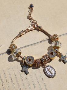 1pc Religious Cross Heart Charm Bracelet, Cross Heart Bracelet, Religious Virgin Mary Heart Bracelet - Gold - View 9