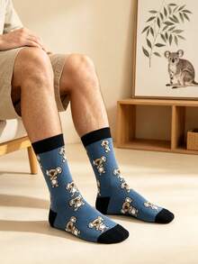1 Pair Men's Koala Print Mid-Calf Socks, Fun Cartoon Pattern Socks, Unisex Versatile Casual Socks, Cute Koala Theme Mid-Calf Socks, Personalized Animal Pattern Socks - Multicolor - View 2