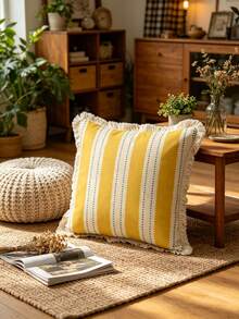 1PC American Country Printed Pillowcase Cover With Tassel Border, Double-Sided Decorative Pillowcase, Yellow Striped Green Polka Dot Design Pattern, Home Decoration, Sofa, Bed, Bedroom(Excluding Pillow Core)-Size Excludes 3cm Tassels - Multicolor - View 1