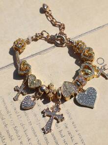 1pc Heart Cross Charm Bracelet, Heart Rhinestone Cross DIY Bracelet, Virgin Mary Cross Heart Bracelet - Gold - View 5
