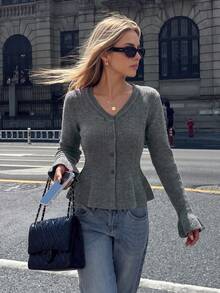 Women's Grey V-Neck Single-Breasted Ruffle Hem Wool Blend Cardigan Sweater, Autumn Outfit For Outing, Dating, Shopping And Commuting - Grey - View 1