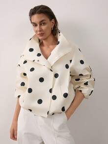 Women's Long Sleeve Stand Collar Polka Dot Flight Jacket - White - View 9