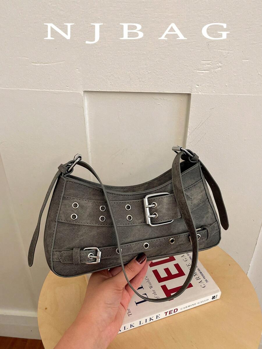 Y2K 時尚百搭星月設計獨特斜挎包,適合女孩街頭風與派對穿搭,也是絕佳禮物,時尚鉚釘扣飾女款手提包 - 灰色 - 查看 1