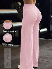 Women's Casual Sports Pants, High Waist Tummy Control Butt Lifting Basic Wide Leg Pants, Suitable For Yoga, Running, Training, Daily Wear - Pink - View 2