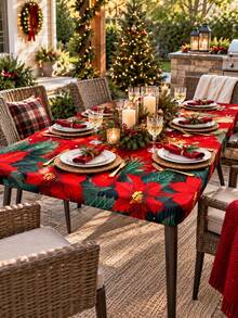 1pc Christmas Round Stretch Table Cloth, Red Green Poinsettia Holly Berry Print Elastic Fitted Tablecloth, Polyester Table Cover For Dining Table, Kitchen Table, Holiday Party, Winter Family Gathering, Indoor Home Decor - Multicolor - View 5