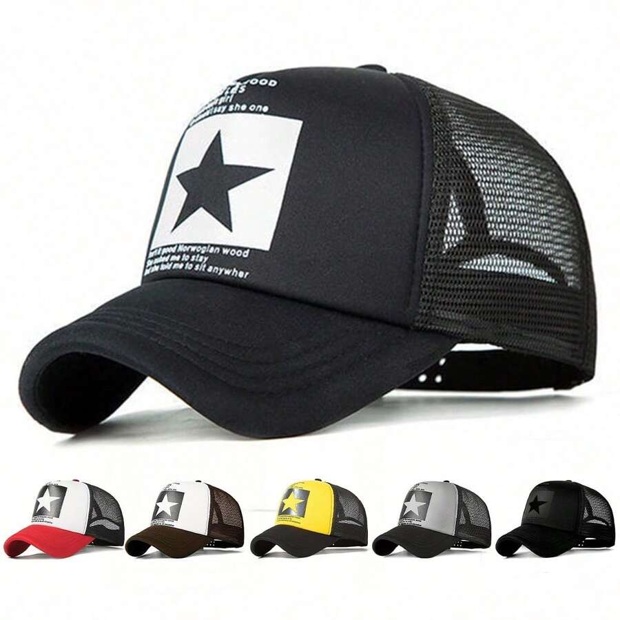 1pc Men's Five-Pointed Star Baseball Cap, Stylish Truck Driver Hat, Sun Protection Casual Mesh Cap, Suitable For Spring And Autumn Travel, Tourism, And Beach Vacations. - Multicolor - View 1