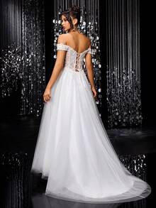 Elegant White Strapless A-Line Wedding Dress, Back Lace-Up Design, Tulle Skirt, Decorated With 3D Flowers And Pearls, Suitable For Weddings - White - View 5