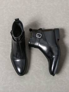 ZCZ Men Cap‑Toe Buckle Ankle Boots, Side Zip Pointed Toe Low Heel Vintage Business Casual Short Boots - Black - View 2