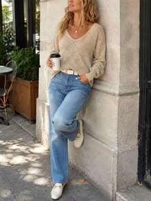 Women's Plus Size Knit Sweater V-Neck Long Sleeve Pullover With Drop Shoulder And Rib-Knit Details, Perfect For Fall & Winter Wear - Apricot - View 7