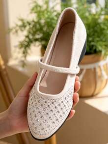 Women Rhinestone Embellished Mary Jane Wedge Heel Shoes, Single Strap Square Toe Textile Upper Soft Low Wedge Sole Casual Daily Wear Shoes - Beige - View 3