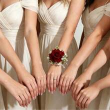 Elegant Burgundy Rose Wrist Corsage With Pearl Accents, Bridal Jewelry And Wedding Accessory, Suitable For Prom And Party - Multicolor - View 12