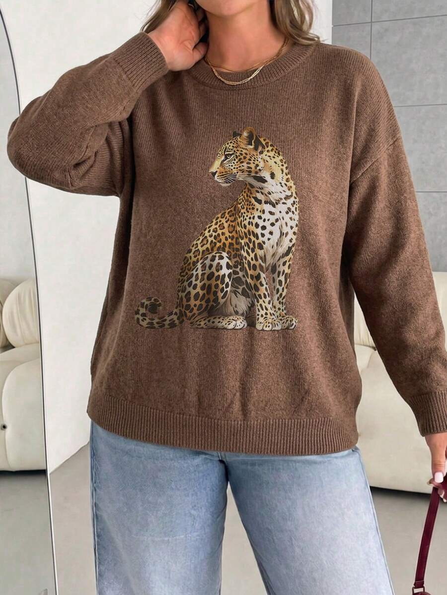 Women's Plus Size Leopard Print Sweater, Comfortable Autumn/Winter Long Sleeve Crew Neck - Brown - View 1