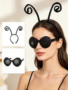 Halloween 3D Printed Hollow Honeycomb Compound Eye Glasses + Antenna Headband, Creative Funny Party Decoration Mask Glasses, Personalized Outfit Prop - Black - View 2