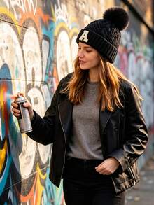 1 Pc Customizable A-Z Letter Black Cable Knit Pom Pom Beanie For Women Men, Stylish Cuffed Beanie For Outdoor, Concert, Daily Autumn Winter Wear - Black - View 2