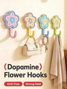 8/4pcs Cute Style Plastic Flower Shaped Wall Hook With Contrast Color Petal & Center Detail, Punch‑Free Strong Load‑Bearing Hanging Holder, Decorative Single Hook Wall Hanger, Suitable For Entryway, Bedroom, Bathroom, All‑Season Home Storage - Multicolor - View 8