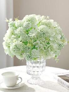 1pc Artificial Hydrangea & Chrysanthemum Mixed Flower Bouquet, Faux Silk Ball Flower Bunch With Green Leaves, Fall Autumn Home Vase Arrangement, Wedding Table Decor - Green - View 1