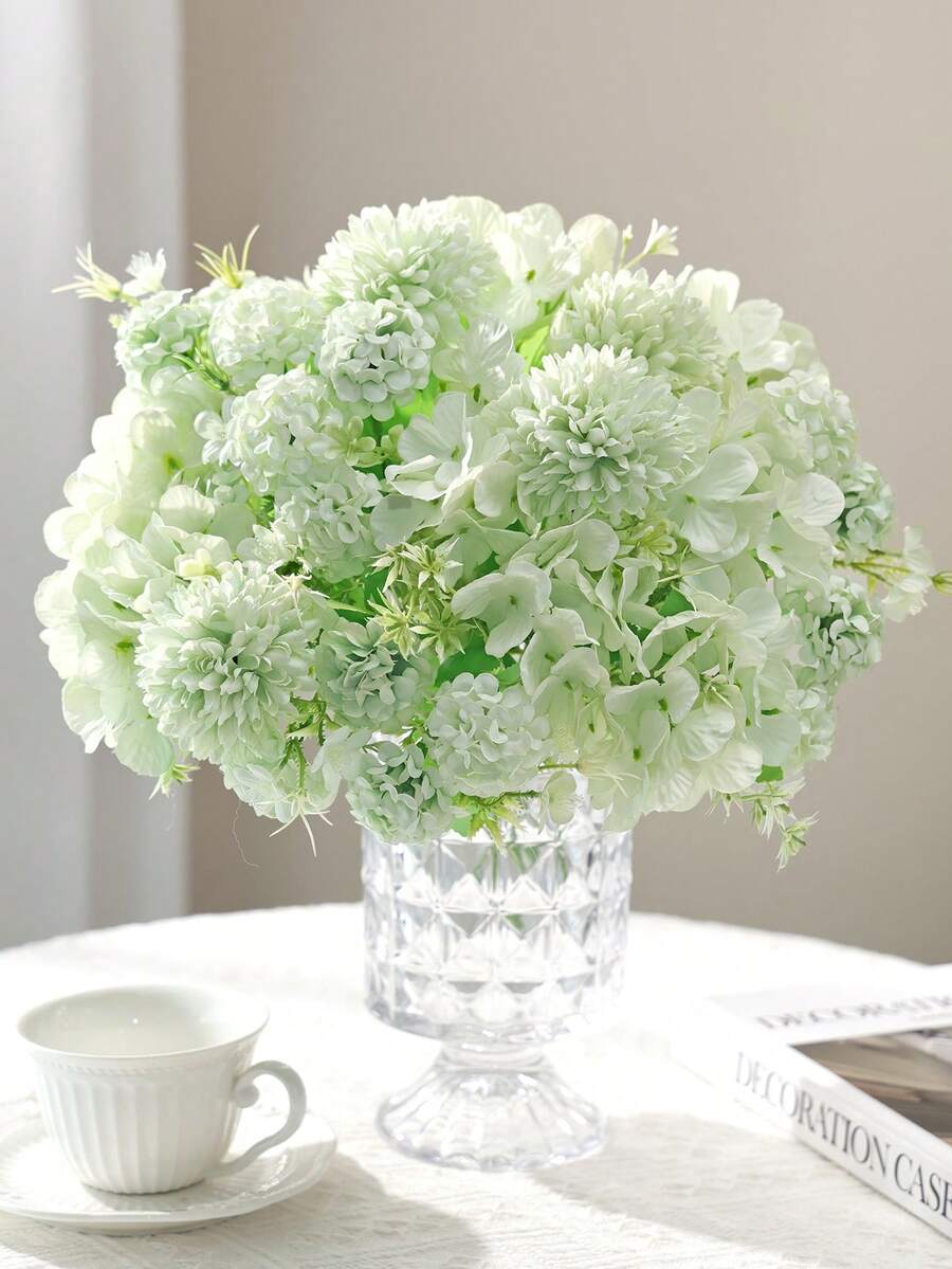1pc Artificial Hydrangea & Chrysanthemum Mixed Flower Bouquet, Faux Silk Ball Flower Bunch With Green Leaves, Fall Autumn Home Vase Arrangement, Wedding Table Decor - Green - View 1