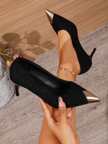 Premium Metal Embellished Pointed Toe Stiletto Pumps, Suitable For Work Commute, Holiday Evening Party, Business Meeting, Formal Social Occasions - Black - View 5
