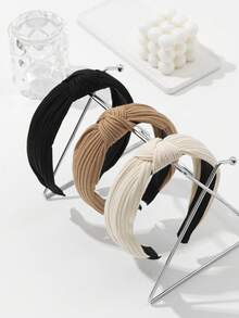 3pcs Solid Color Knitted Cotton Wide Headband With Cross Knot Design For Women - Multicolor - View 2