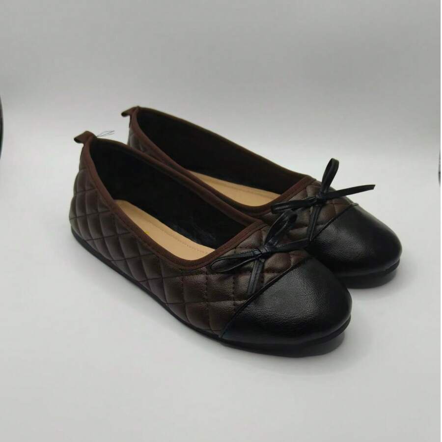 Women's Bowknot Vintage Colorblock Quilted Diamond Pattern Flat Shoes, Maillard Style - Brown - View 1