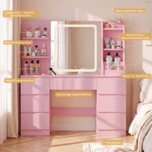 Devoko Modern Dressing Table With LED Mirror, 3 Light Colors And Dimmable Brightness, Vanity Table With 7 Drawers, Open Shelves And Optional Stool, Dressing Cabinet For Bedroom, White/Black/Pink/Vintage - Pink - View 4