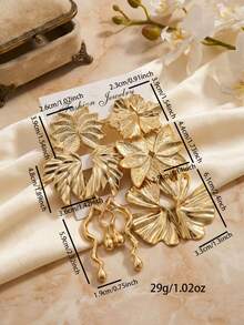 6 Pairs Combination Earrings Set, European And American Style 3D Floral Leaf Asymmetrical Drop Earrings, Exaggerated High-End Stud Earrings For Women - Gold - View 5