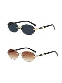 2pcs European & American Vintage Rimless Cut Edge Oval Women's Glasses High-End Street Style Fashion Eyewear - Gradient Tea + Black Gray - View 3