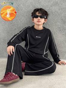 Vihyde Tween Boys Autumn/Winter Black Contrast Stitch Raglan Cool Colorblock Line Crew Neck Sweatshirt & Wide Leg Sweatpants 2 Pieces Set - Black - View 1