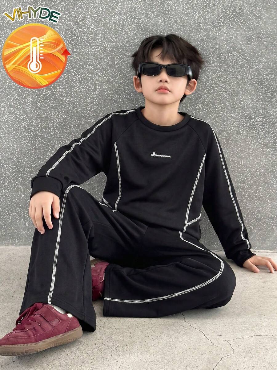Vihyde Tween Boys Autumn/Winter Black Contrast Stitch Raglan Cool Colorblock Line Crew Neck Sweatshirt & Wide Leg Sweatpants 2 Pieces Set - Black - View 1