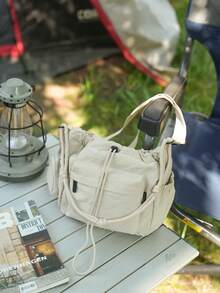 Black Drawstring Crossbody Bag, Multi-Pocket Nylon Shoulder Bag With , Adjustable Strap Casual Slouchy Sling Bag For Daily Commute Outdoor - Multicolor - View 11