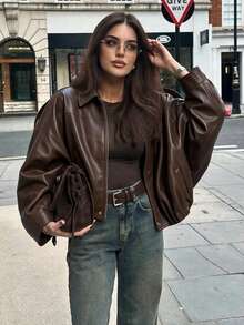 Women's Short Brown PU Leather Jacket, Loose Batwing Long Sleeve Lapel Coat With Elastic Hem - Brown - View 6