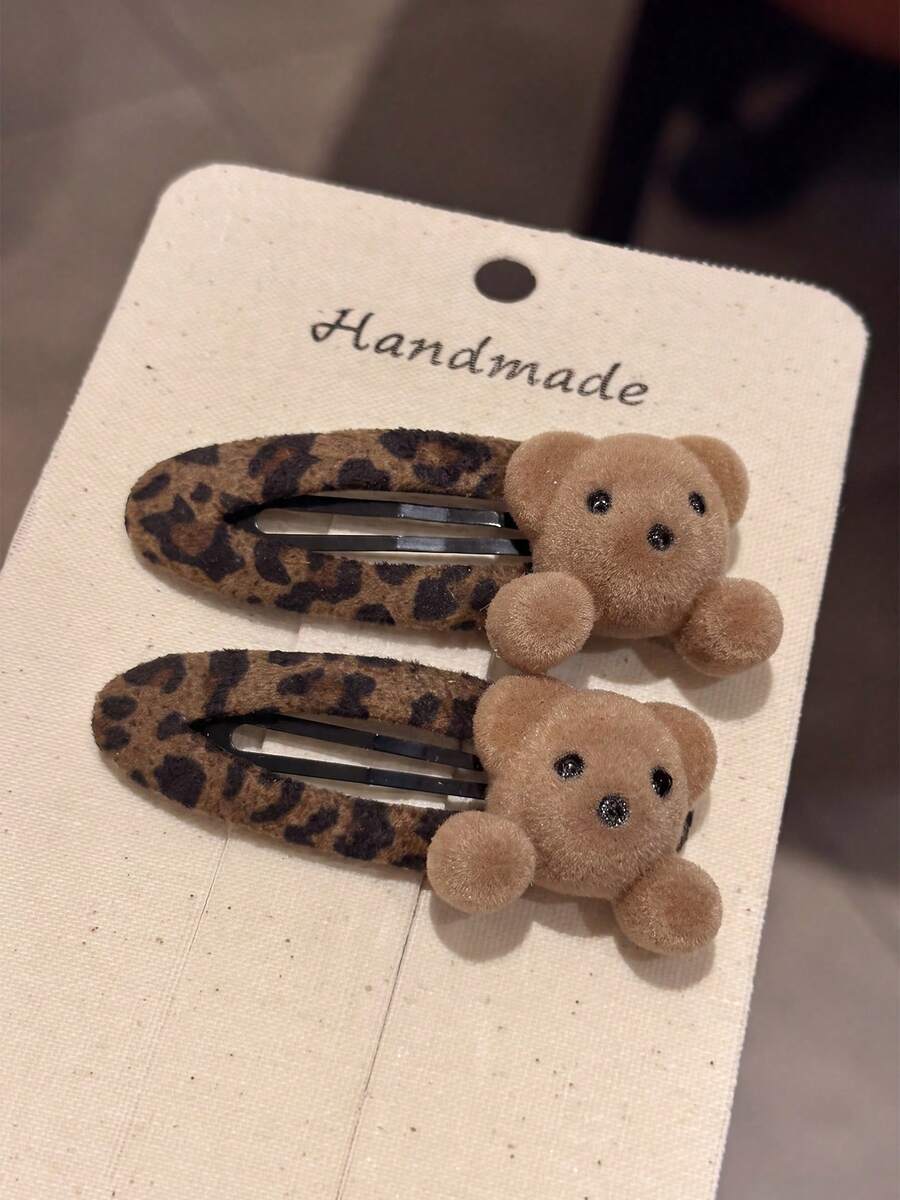 2pcs Cute Flocked Bear Leopard Print Hair Clips Side Clips Premium Bangs Forehead Hair Accessories Hair Clips - Multicolor - View 1
