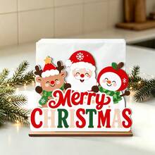 1pc Colorful Merry Christmas Wooden Napkin Holder, Cute Santa Claus Reindeer Snowman Snowflake Desktop Napkin Storage Box, Kitchen Tabletop Paper Towel Rack, Home Christmas Party Centerpiece Decoration - View 5