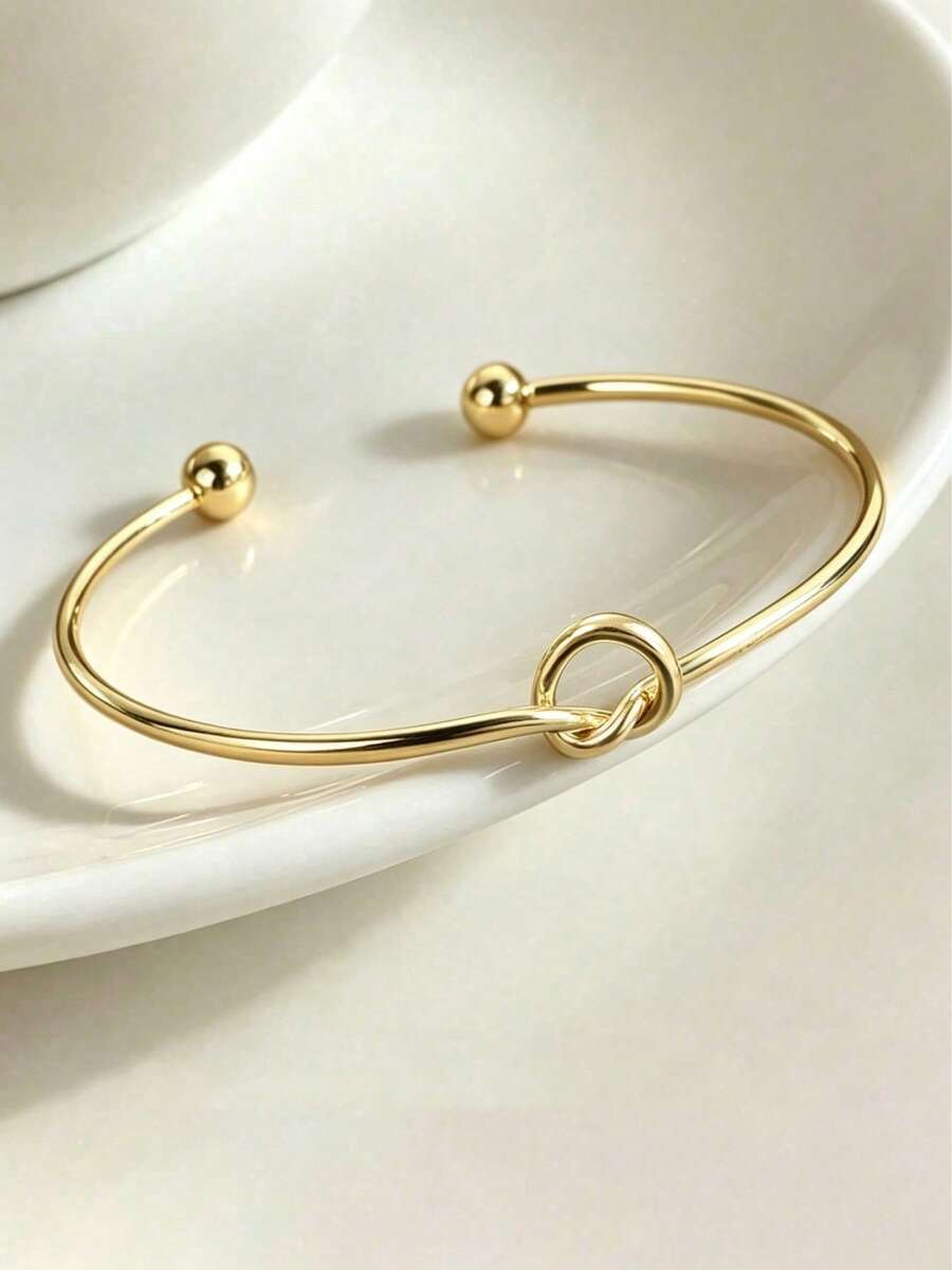 1pc Fashionable Elegant Niche Minimalist Versatile Geometric Twisted Knot Bangle Bracelet Suitable For Teen Girls Daily Holiday Party Wear - Gold - View 1