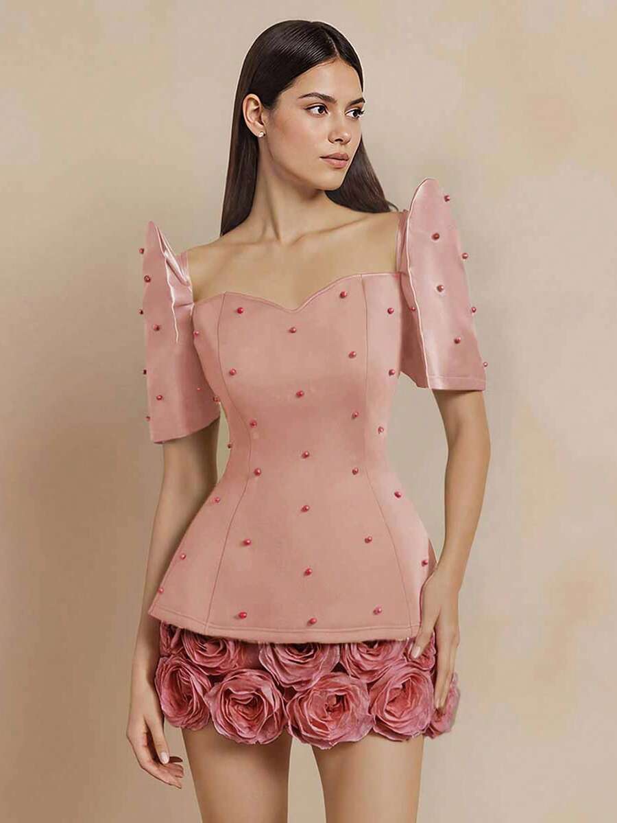 Modern Filipino-Inspired Butterfly Sleeve Ruffle Square Neck Minimalist Beaded Top - Pink - View 1