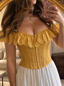 Yuwenier Mustard Yellow Elegant Corset Top, Jacquard Ruffle Trim & Puff Sleeves, Boned Lace-Up Back Shaping Bodice, Themed Party Back To School Halloween Costume Outfit - Turmeric - View 4