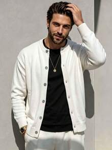 Men's Unisex POLO Collar Cardigan, Casual Business Commute Versatile Streetwear Loose Short Sleeve Striped Colorblock Knit Top, Spring/Summer - White - View 1