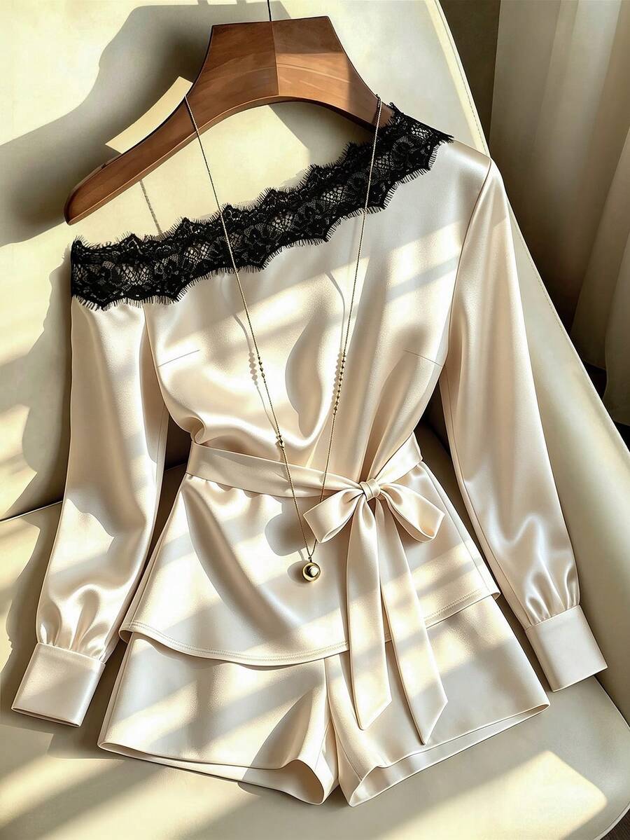 Elegant French Style Colorblock Patchwork Waist Belt Lace Design Women's Blouse For Spring And Autumn - Multicolor - View 1