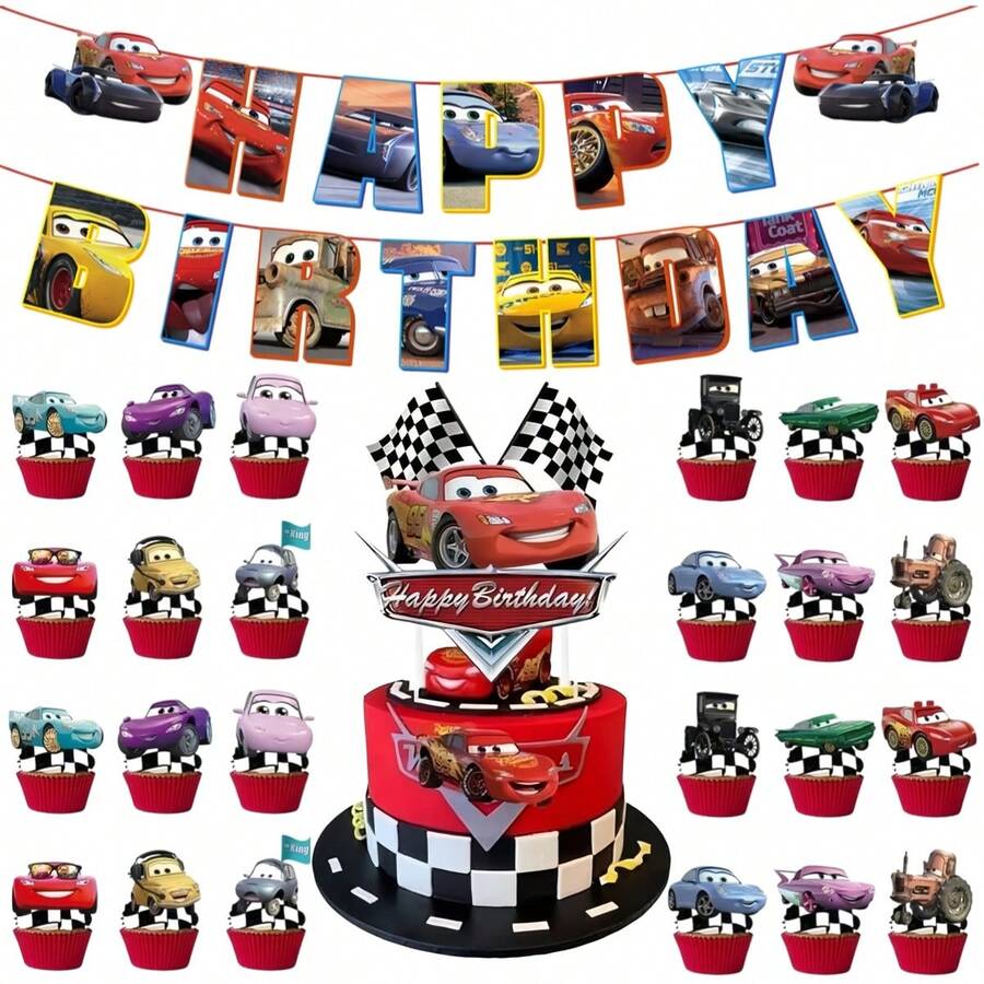 BUTTBILL Cartoon Racing Theme Bunting & Cake Topper Set, Dessert Picks, Birthday Party Decoration, Bunting Cake Toppers Decor - Multicolor - View 1