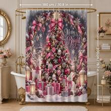 1pc/4pcs Pink Bow Christmas Tree Pattern Multifunctional Bathroom Decor Shower Curtain Set, Free 12 Hooks, Premium Holiday Atmosphere, Bathroom Mat, U-Shaped Rug And Round Toilet Lid Cover, Suitable For All Occasions, Bathroom Set - Pink Bow Christmas Tree - View 13