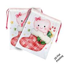 2pcs Double-Sided Printed Drawstring Christmas Gift Bags, Plaid Christmas Socks, Candy Cane And Gift Box Pattern, Sweet Cartoon Holiday Gift Packaging Bags, Large Drawstring Storage Bags, Suitable For Candy, Clothing Packaging And Christmas Party Gift Exchange - Multicolor - View 13