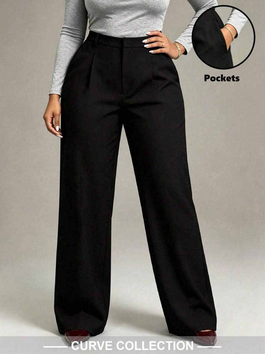 Women's Plus Size Black Straight Leg Pants, Slightly Stretchy, Versatile All-Match Style, Suitable For Daily Wear